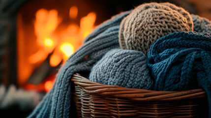 Obraz premium Cozy Knitted Scarves in a Basket by the Fire