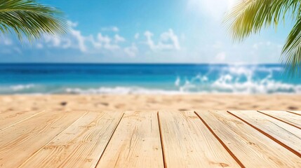 Fototapeta premium Serene beach view with a wooden deck, turquoise water, and lush palm leaves, perfect for relaxation and summer vibes.