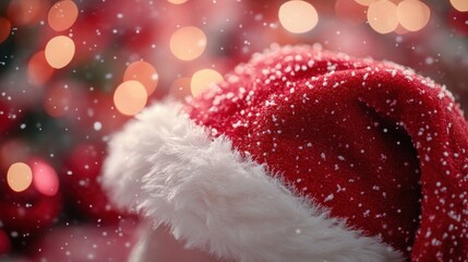 santa clauss red hat with white fur close-up, soft blush background, creative profile view, smooth texture effect, high-definition holiday composition.