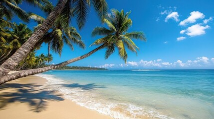 Fototapeta premium Stunning tropical beach with palm trees, clear blue sky, and serene ocean waves inviting relaxation and tranquility.