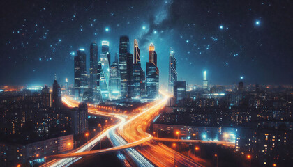 Fototapeta premium A futuristic city under a clear starry sky, with neon-lit skyscrapers and glowing highways curving through the cityscape