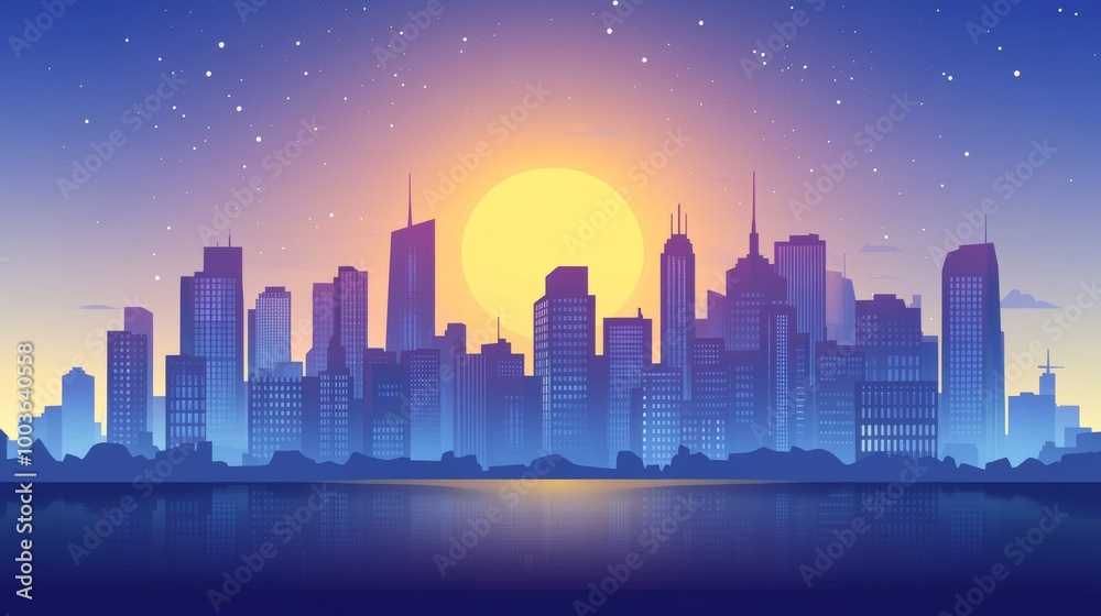 Wall mural Colorful skyline at sunset with vibrant sun and reflections over calm water, creating a serene urban landscape