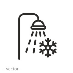 cold shower icon, bath room, bathing, douche with snowflake, thin line vector illustration