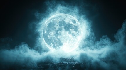 A full moon shines brightly through a cloudy night sky.