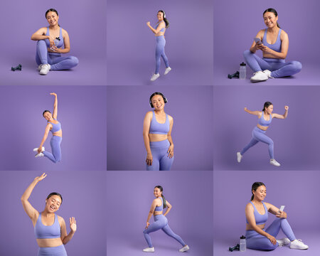 Asian woman is seen engaging in various fitness activities, showcasing her enthusiasm and energy - Powered by Adobe