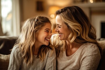 High-resolution brightly lit photorealistic candid photograph of a mother and daughter sharing laughs in a warm, inviting living room. The photograph is styled like a premium lifestyle magazine, with