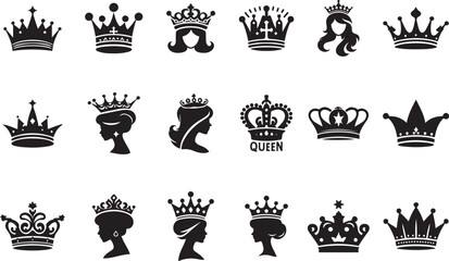 Royal King and Queen Crown Silhouette Icon Set Vector illustration on White Background.