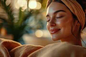 High-resolution brightly lit photorealistic photograph of a joyful presenter woman smiling gently in a peaceful massage spa, enjoying the serene atmosphere. The image is styled like a high-end