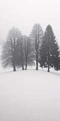 Obraz premium Winter landscape with trees, minimalistic, snow-covered ground, foggy, white background,