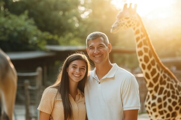 High-resolution brightly lit photorealistic candid photograph of a family standing in front of a zoo exhibit, smiling together with a soft, creamy bokeh background. The photograph is styled like a