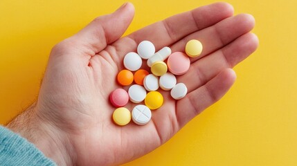 Assorted Colorful Pills in Hand on Yellow Background