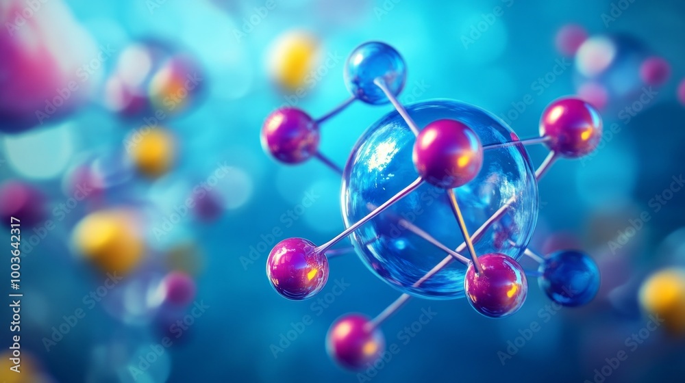Poster a blue sphere with many small spheres surrounding it