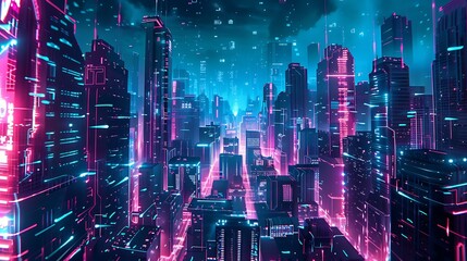 Obraz premium Futuristic cityscape illuminated with neon lights.