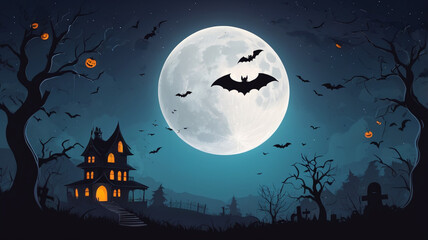 Fototapeta premium Spooky Halloween Scene with Moon and Bats
