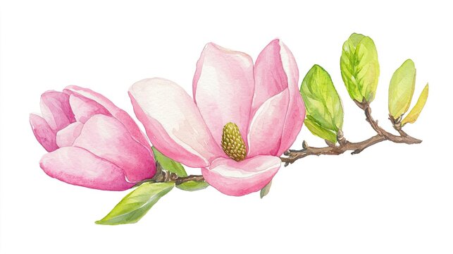 pink magnolia flowers watercolor painting on white clip art preview