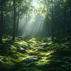 Fototapeta premium Sunbeams Through Forest Trees - Realistic 3D Illustration