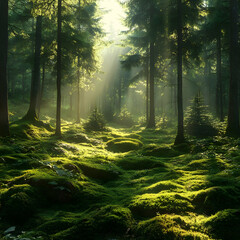 Obraz premium Sunbeams Through Forest Canopy - Green Mossy Ground Illustration