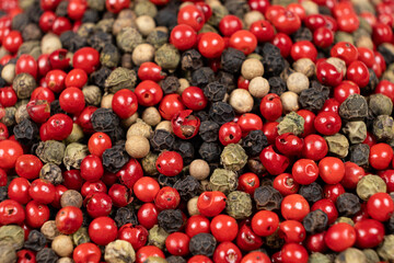 A mixture of different peppercorns white, black, red and green peppers spices.