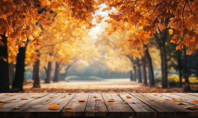 Autumn Park Scene with Wooden Table and Golden Maple Leaves - Serene Fall Atmosphere in a Sunlit Forest