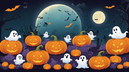 Fototapeta premium Spooky Halloween Scene with Ghosts and Pumpkins