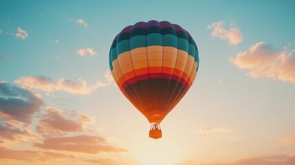 Obraz premium A hot air balloon floating in the sky at dawn, with the sun rising and illuminating the colorful fabric against the soft light.