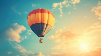 Fototapeta premium A hot air balloon floating in the sky at dawn, with the sun rising and illuminating the colorful fabric against the soft light.