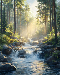 Sunrise over a Stream in the Forest - Digital Illustration