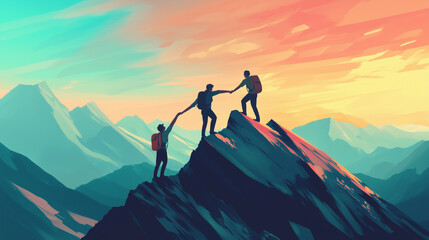 Hiker helping friend reach the mountain top, Generative Ai illustration
