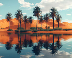 Obraz premium Palm Trees Reflecting in Still Water in a Desert Oasis 3D Illustration
