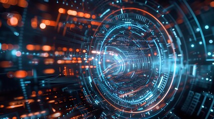 Abstract digital tunnel with glowing blue and orange lights.