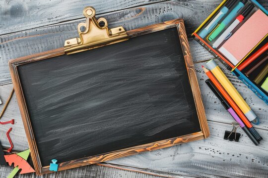 Blackboard with back to school message and stationery, ample copy space for educational content