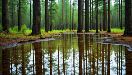 Obraz premium Reflections of towering pine trees in a forest puddle after rainfall, highlighting the quiet of nature