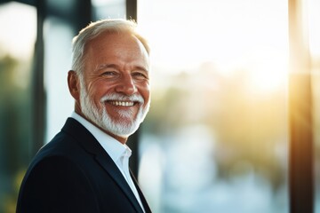High-resolution brightly lit photorealistic candid photograph of a happy senior businessman captured in a high-end lifestyle magazine style. The light, bright setting highlights his joyful expression.
