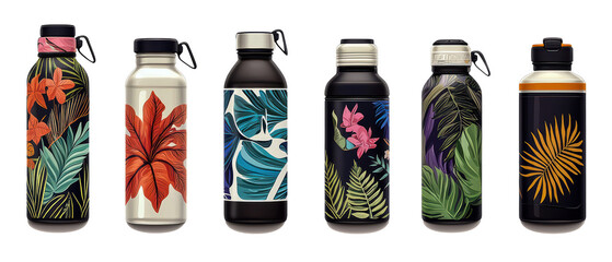 Fototapeta premium Collection of stylish, patterned water bottles showcasing vibrant tropical designs. transparent background