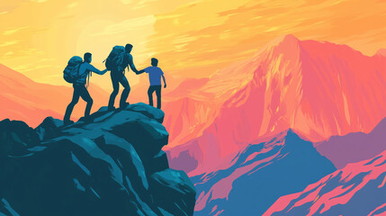 Hiker helping friend reach the mountain top, Generative Ai illustration
