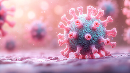 Close-up of a virus particle with colorful details, depicting the microscopic world of pathogens and disease transmission.