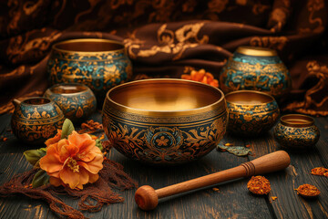  Tibetan singing bowls and vases, exquisite craftsmanship, intricate patterns, surrounded by flowers and wooden mallets. Created with Ai