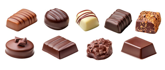 Assorted chocolates on a white isolated background, showcasing various shapes and textures. transparent background