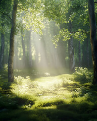 Naklejka premium Sunbeams Through the Forest - 3D Illustration