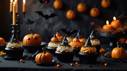 Festive Halloween Cupcakes with Decorations and Pumpkins