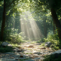 Fototapeta premium Sunlight Streaming Through Trees in a Forest Illustration
