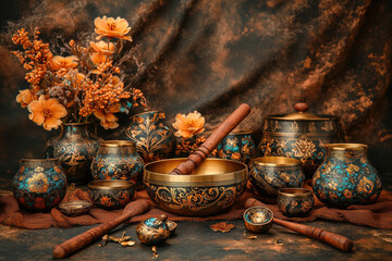 A set of Tibetan singing bowls, several vases with turquoise and orange flowers on the table. Created with Ai