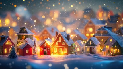 Fototapeta premium Festive 3D Christmas village scene with bright, colorful houses, snow on the roofs, and a warm