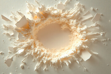 A hole in the wall with white paint, torn paper around the edges. Created with Ai