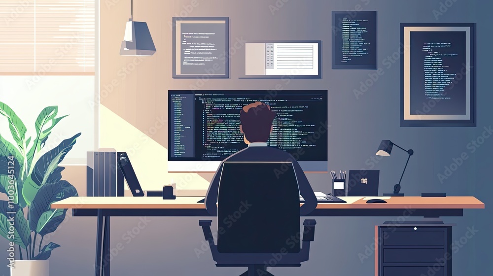 Poster man sitting at desk with computer and code on screen