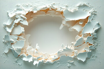 A ripped hole in a white wall, with a paper-like texture. A hole in the center of an eggshell-colored wall with ragged edges. Created with Ai