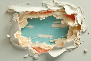 Photo of a hole in a wall, against a white background. Created with Ai