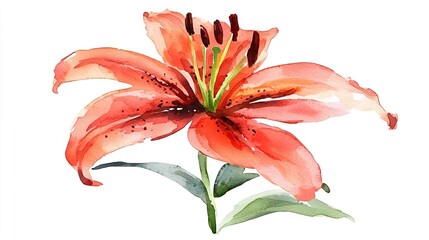 Watercolor clipart of a single lily, isolate on white background