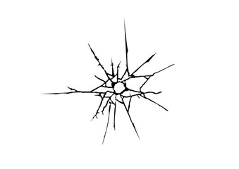 銃撃により割れたガラスのヒビ。穴があいてひび割れし傷ついた状態。