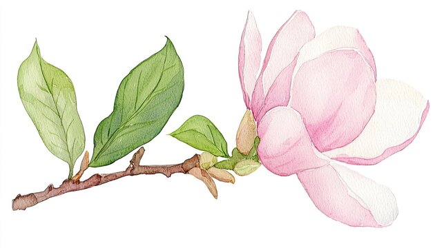 watercolor pink magnolia flower and green leaves clip art preview